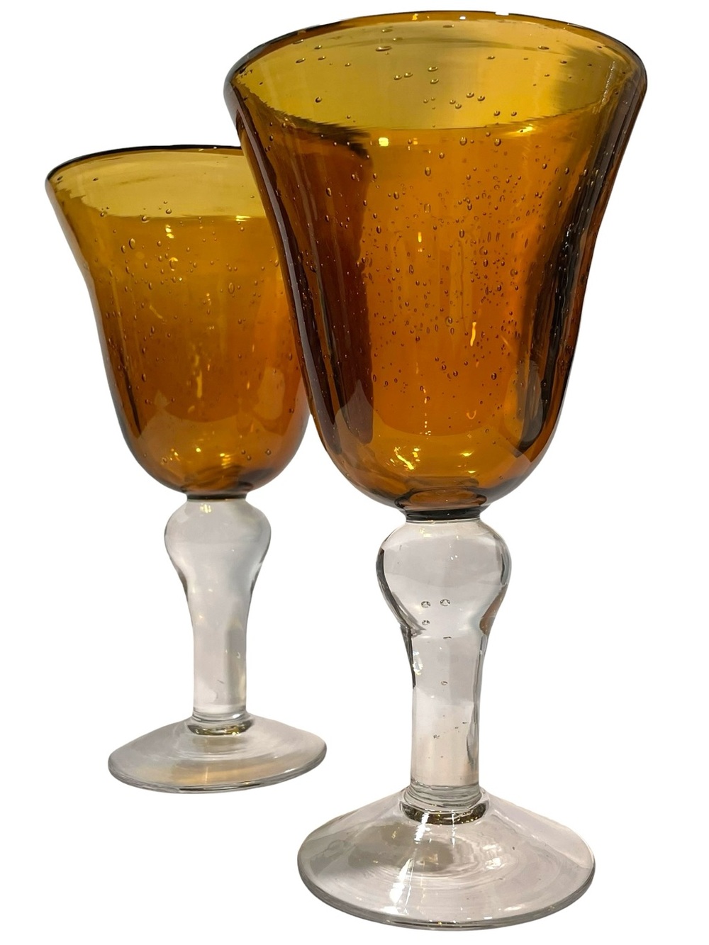 Vintage 1970s Artland Amber Iris Bubbles Wine Goblets Glass Set (2) Hand Blown